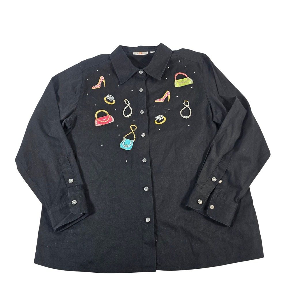 Quacker Factory Womens Black‎ Long Sleeve Embellished Button Up Shirt Size L